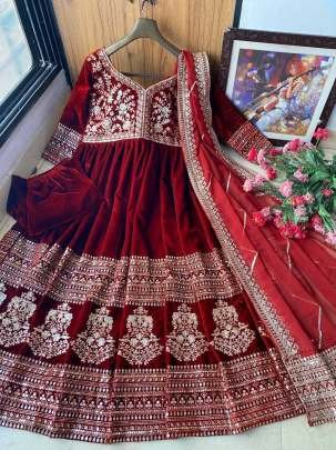 Velvet Red Palazo Suit Set With Sequence Embroidery Work