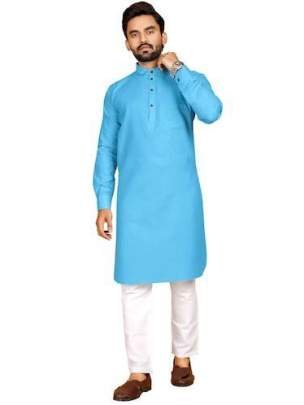 Venmer Brand Blue Heavy Cotton Plain Men Kurta Set