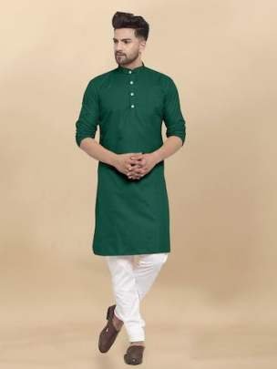 Venmer Brand Dark Green Heavy Cotton Plain Men Kurta Set