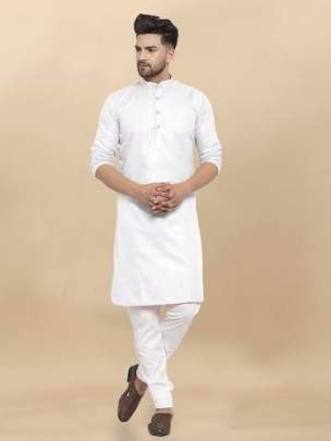 Venmer Brand White Heavy Cotton Plain Men Kurta Set