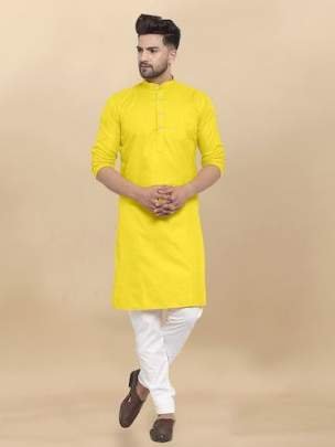 Venmer Brand Yellow Heavy Cotton Plain Men Kurta Set