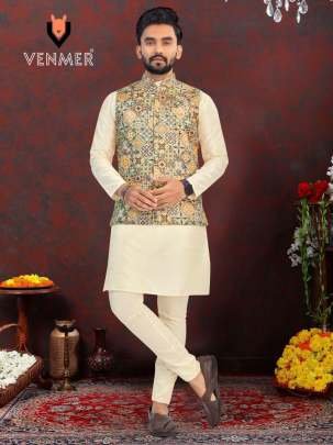 Venmer Branded Heavy Silk Men Plain Kurta With Koti