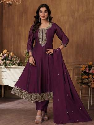 Vichitra Embroidery Work Wine Top Bottom Dupatta