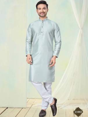 Wedding Collection Vol 21 Silver Plain Silk Men Kurta Set