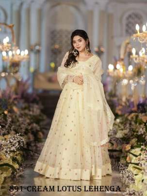 Wedding Cream Lotus Organza Lehenga