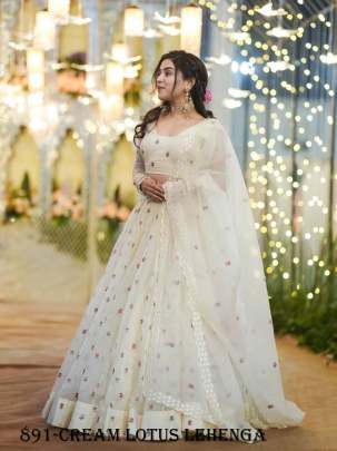 Wedding Cream Lotus Organza Lehenga