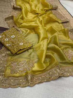 Wedding Haldi Wear Shining Yellow Tissue Saree