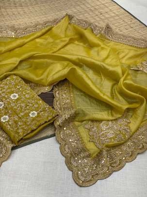 Wedding Haldi Wear Shining Yellow Tissue Saree