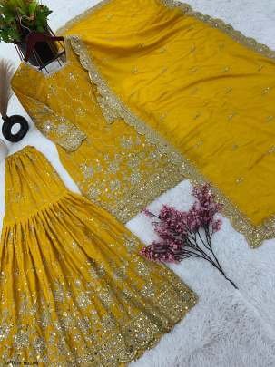 Yellow Wedding Heavy Chinnon Silk Sharara Suits