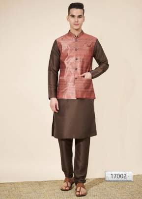 Wedding Party Wear Coffee Plain Pure Silk Kurta With Brown Jacquard Koti Set