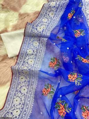 Wedding Wear Dark Blue Organza Silk Saree With Chikankari Work