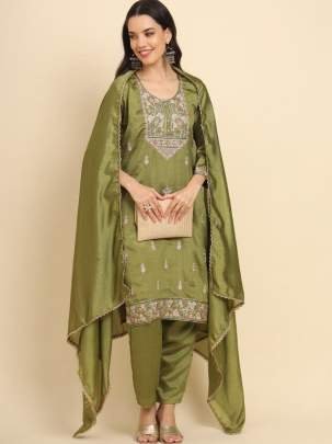 Wedding wear Mehndi Colour Kurti Pant With Dupatta