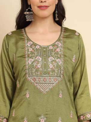 Wedding wear Mehndi Colour Kurti Pant With Dupatta