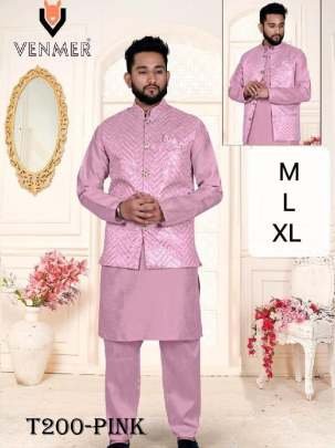 Wedding Wear Mens Collection Pink Pure Silk Kurta Pajama With Koti Set