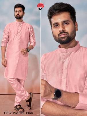 Wedding  Wear Pastel Pink Banglori Silk Kurta Polo Pant Set For Mens