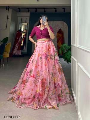 Wedding Wear Pink Organza Co ord Set Lehenga With Flower Print