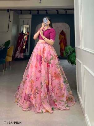 Wedding Wear Pink Organza Co ord Set Lehenga With Flower Print