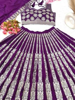 Wedding Wear Purple Chinon Silk Lhenga Choli