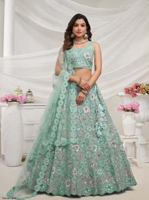 Wedding Wear Sky Blue Soft Net Lehenga Choli 