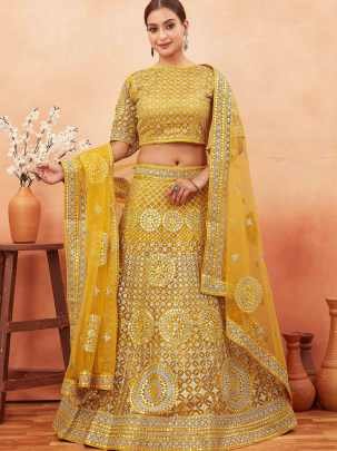 Wedding Wear Yellow Color Stone and Embroidered Work Net Lehenga choli