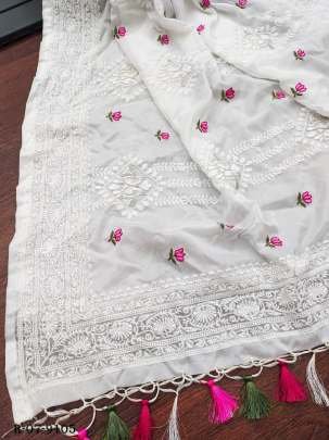 Wedding White Lucknowi Soft Tebby Silk Saree