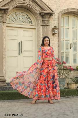 Western Style Printed Georgette Palazzo Shrug With Blouse Indowestern