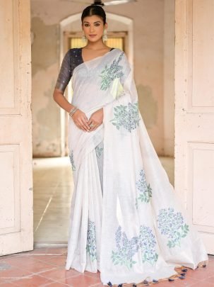 White and Blue Premium soft muga Cotton saree with unique floral weaving pattern