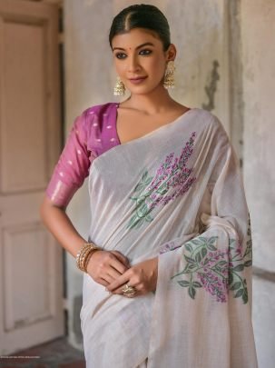 White and Purple Premium soft muga Cotton saree with unique floral weaving pattern