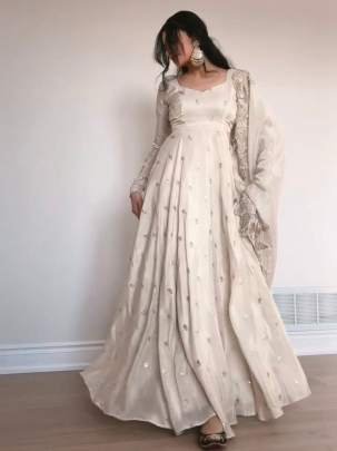 White Chinon Sequence Work Paded Anarkali Suit