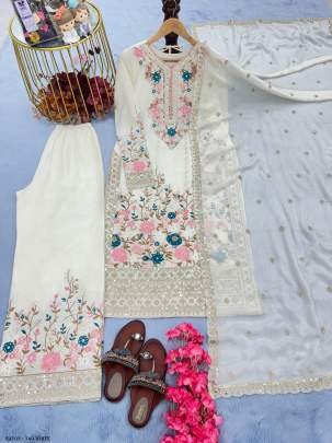 White Colour Heavy Chinon Silk Kurti Palazzo With Dupatta set