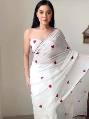 White Red Heart Shape Ready to Wear Georgette Saree