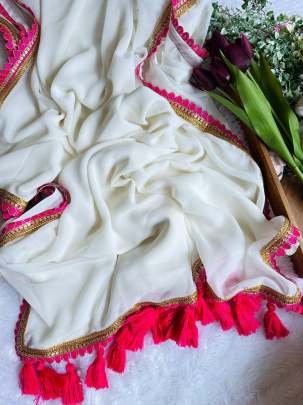 White Festival Special Plain And Border Lace Work Georgette Saree With Latkan