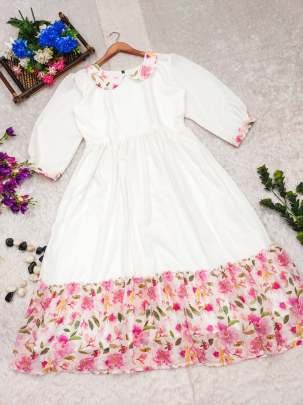 White Floral Printed Western One Piece Dress With Half Sleeve