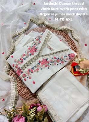 White Pure Muslin Hand Work Kurti Pant Dupatta Set