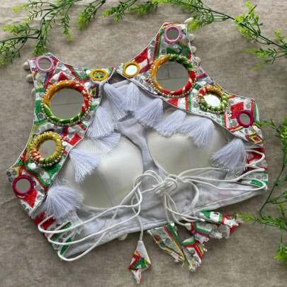 White Real Mirror With Multi-Thread Work Blouse For Navratri Garba Vibes