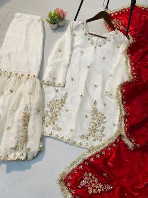 White Sharara Suit with Red Dupatta