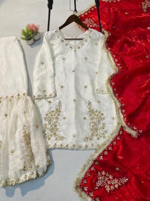 White Sharara Suit with Red Dupatta