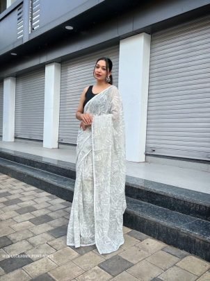 White Wedding Soft Chiffon Silk Lucknowi Saree