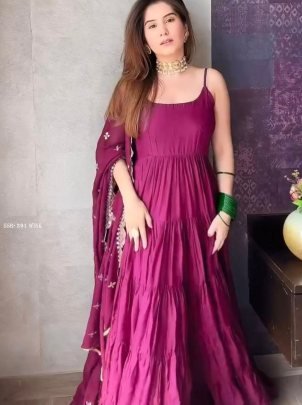 Wine Anarkali Faux Georgette Fully Ruffle Flair Gown 