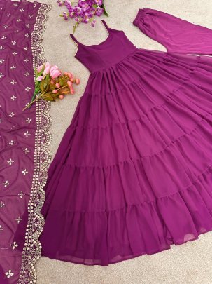 Wine Anarkali Faux Georgette Fully Ruffle Flair Gown