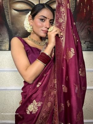 Wine Banarsi Soft Silk Saree With Unstich Blouse