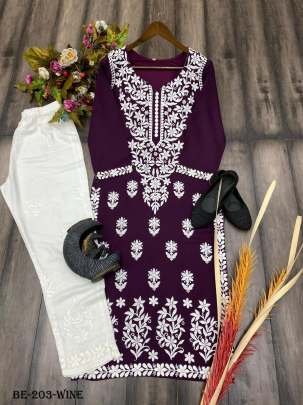 Wine Embroidered Cotton Thread Rayon Palazo Kurtis