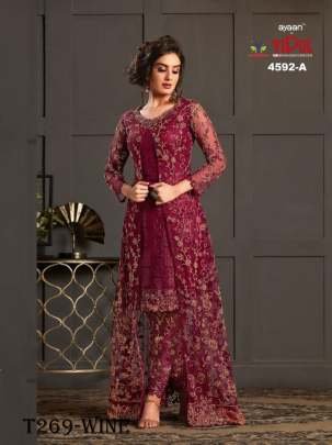 Wine Embroidery Work Vaishnavi Net Suit Set