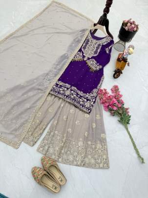 Wine Faux Georgette Sharara Suit