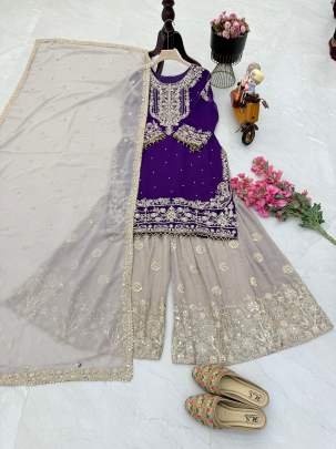 Wine Faux Georgette Sharara Suit