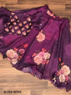 Wine Flower Digital Printed Soft Organza Lehenga