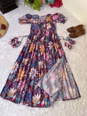 Wine Flower Printed Soft Muslin V Neck Western Kurti With Puff Sleeve