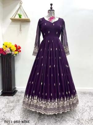 Partywear Wine Georgette Anarkali Gown Dupatta