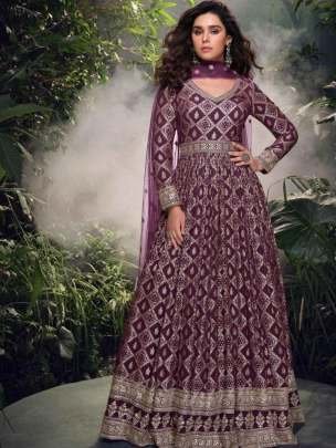 Wine Jacquard Silk Anarkali Suit With Net Dupatta