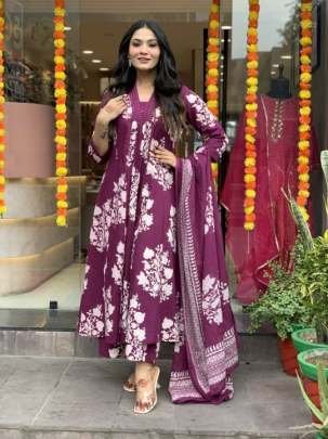 Wine New Launching Beautiful Pure Cotton Three Piece Suits Set